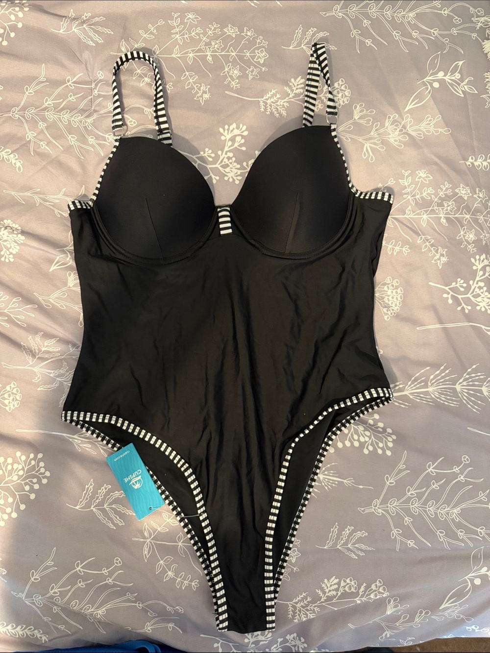 Cupshe Black One-Piece Swimsuit with Black-and-White Stripe Trim